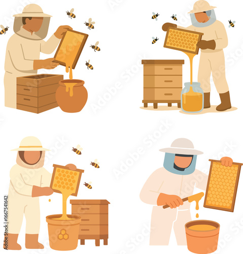 beekeeper is harvesting honey flat design vector