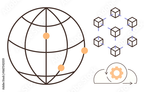 Circular globe with connected points, blockchain cubes linked in a network, and cloud computing gear icon. Ideal for technology, blockchain, global network, digital processes, cloud computing, data