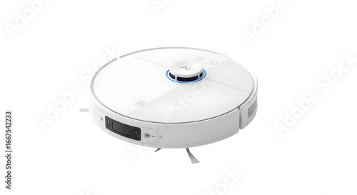 Modern white robotic vacuum cleaner shot in studio