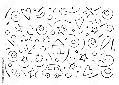 Charming hand drawn kindergarten doodles featuring playful elements and bright colors perfect for educational materials and childrens designs