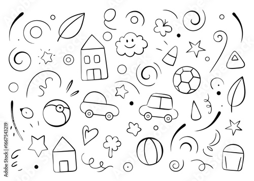Charming hand drawn kindergarten doodle background featuring playful elements in black yellow cyan and magenta for educational materials and childrens projects