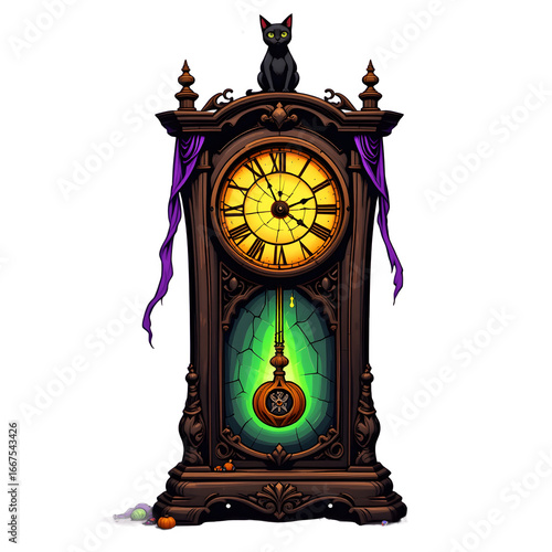 Halloween Clipart Graphics:Spooky Grandfather Clock with a Black Cat for Gothic and Mystical Illustrations.PNG on Transparent Background