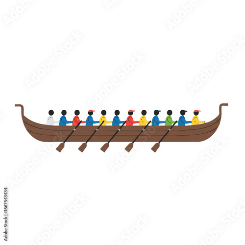Rowers in a sleek crew boat are depicted in a minimalist 2D flat vector illustration, showcasing synchronized movement and teamwork, isolated on a clean white background.