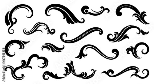 A collection of elegant black floral flourishes and classic scrolls. Isolated vector ornaments for creating vintage borders and decorative graphic designs.