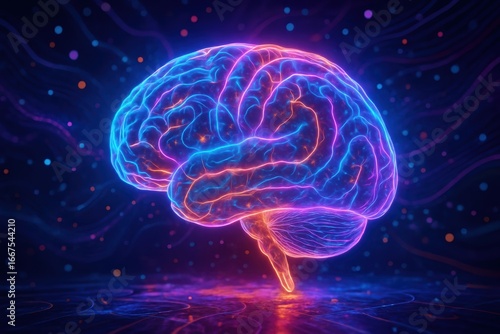 Futuristic brain visualization with neon lights and abstract patterns