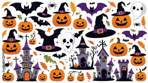 Spooky halloween designs  pumpkins, bats, haunted houses. Perfect for halloween party invitations, social media posts, and holiday decorations.