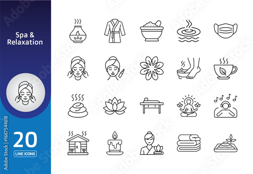 Spa & relaxation vector illustration icon set contains massage table, lotus flower, candles