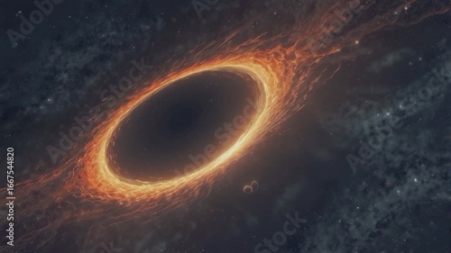A massive, luminous black hole in the middle of the dark reaches of space. Surrounding the black hole is a spinning accretion disk, emitting intense orange and golden light, resembling a cosmic whirlp