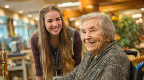 An elderly woman in a wheelchair smiles warmly at the camera, accompanied by a young woman standing behind her in a bright, cozy indoor setting