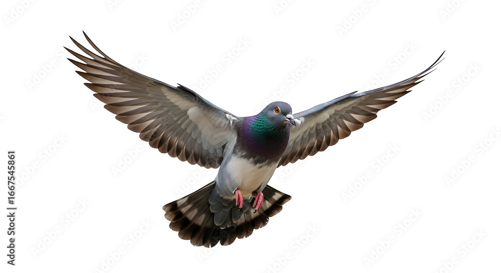 Obraz premium Pigeon in flight with wings spread against a