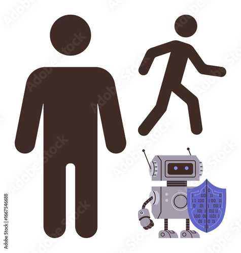 Standing human figure, walking silhouette, robot with shield. Ideal for AI, robotics, security, evolution, innovation protection teamwork. Emphasizes technology-human relationship in a simple flat