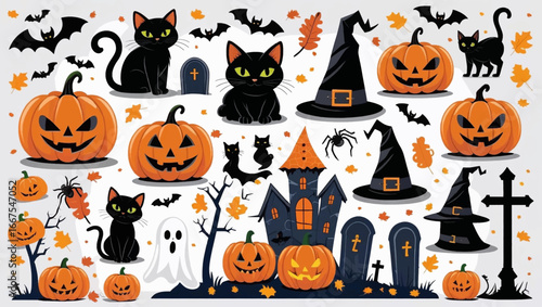 Haunted halloween graphics with pumpkins, cats, bats, a haunted house, and spooky accessories, perfect for seasonal projects and designs.