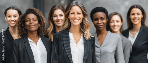 Wallpaper Mural A diverse group of seven confident professional women dressed in business attire, smiling and standing together in a corporate or office environment Torontodigital.ca