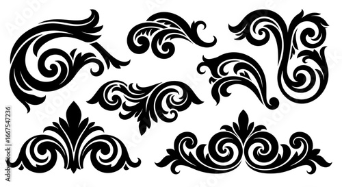 Set of seven isolated black vector flourishes with ornate baroque and floral details. Perfect for creating elegant vintage decorations, borders, and designs.