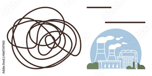 Tangled black lines transition into an organized blue industrial factory scene with smoke stacks. Ideal for problem-solving, industrial efficiency, innovation, process optimization, clarity