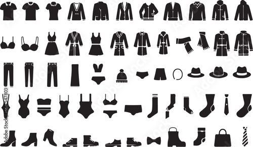 Collection of black clothing and accessory icons on white background t-shirt shirt