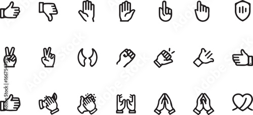 Collection of black outline hand gesture icons on white background symbol thumbs up