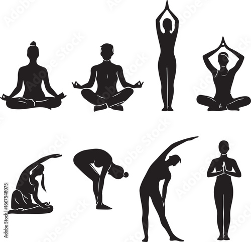 Collection of diverse yoga poses in black silhouette on white background meditation woman