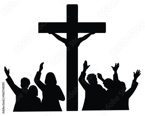 Black and white silhouette of Jesus on the cross with praying people
