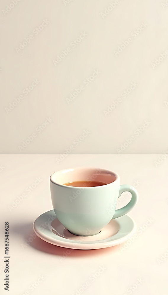Obraz premium 3D illustration of a pastel-colored coffee cup with saucer, soft toy-like design, minimal clean background, stylized glossy surface and smooth details.