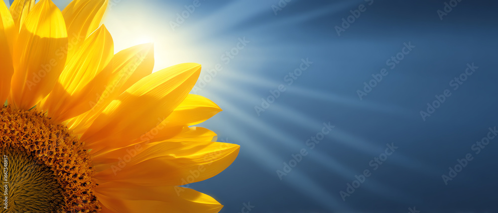 Obraz premium Close-up of a vibrant sunflower basking in bright sunlight with blue sky and sun rays in the background, symbolizing warmth and natural beauty