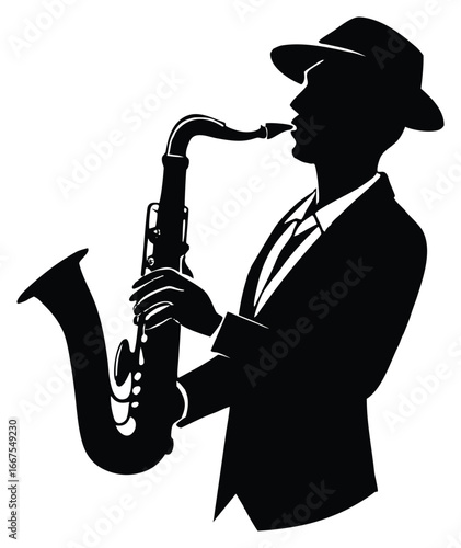 Black silhouette of saxophone player with hat performing jazz music