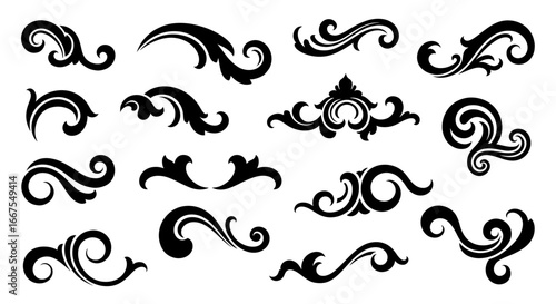Set of classic decorative vector flourishes. Ornate black swirls and scrolls for creating elegant vintage borders, frames, and dividers on a white background.