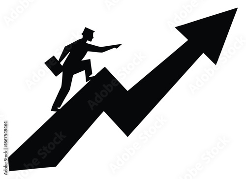 Businessman climbs an upward trending arrow towards success and growth target