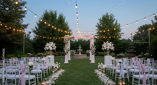 Elegant outdoor wedding ceremony design featuring a floral arch, romantic string lights, and a beautiful garden setting at dusk