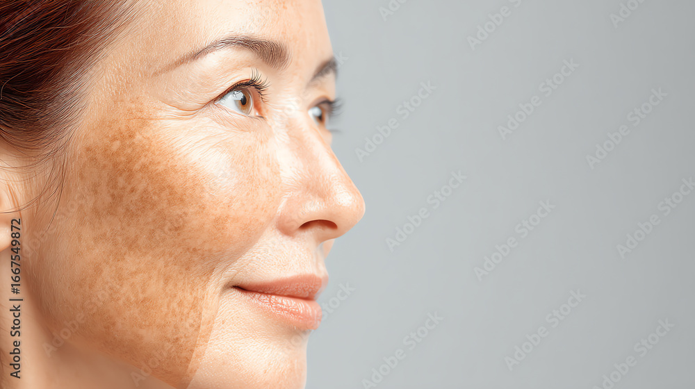Fototapeta premium Close-up of a woman's face showing uneven skin tone with hyperpigmentation and a clear, smooth area highlighting skin treatment results