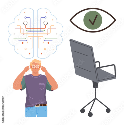 Man contemplating with brain circuit diagram above, eye with checkmark suggesting focus, office chair indicating workplace. Ideal for productivity, innovation, focus, technology, analysis, workplace