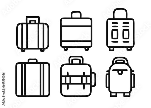 Comprehensive collection of travel and outdoor adventure symbols featuring luggage baggage and backpacks with adjustable line thickness for versatile graphic design applications