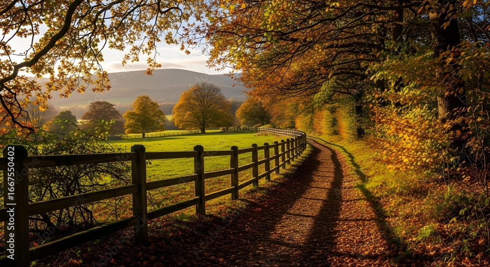 Obraz premium Beautiful autumn path winds through golden trees and peaceful green fields countryside