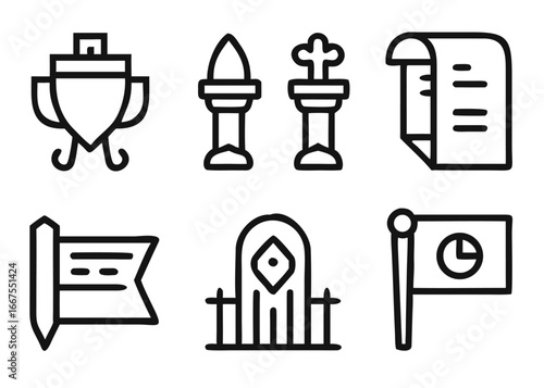 Comprehensive collection of museum and historical landmark symbols with adjustable line weight for versatile graphic design applications