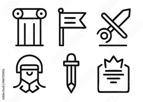 A comprehensive collection of historical museum building and artifact outline graphics representing cultural heritage and antiquities