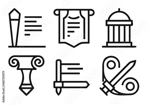 Comprehensive collection of historical museum elements including artifacts architecture and cultural symbols rendered with adjustable line thickness for versatile application
