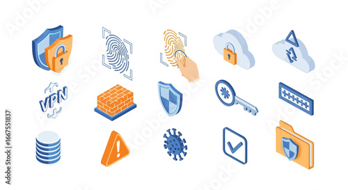 Isometric illustration icon set for cybersecurity and data privacy concepts like vpn, firewall, and biometric authentication