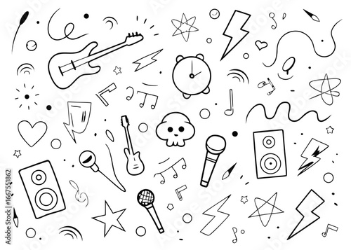 Hand drawn punk rock music star doodle icon set featuring bold black yellow cyan magenta elements for creative projects