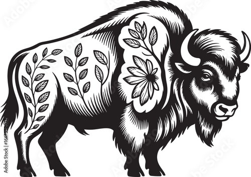 Artistic bison illustration with floral and leafy detailing