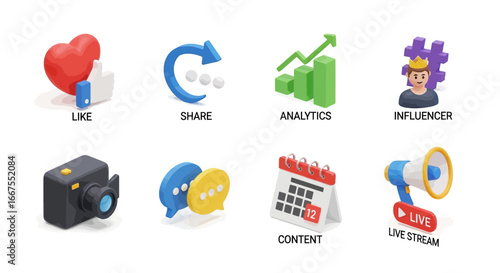 Social Media Icons Like, Share, Analytics, and More - Illustrative 3D Graphics for Digital Marketing