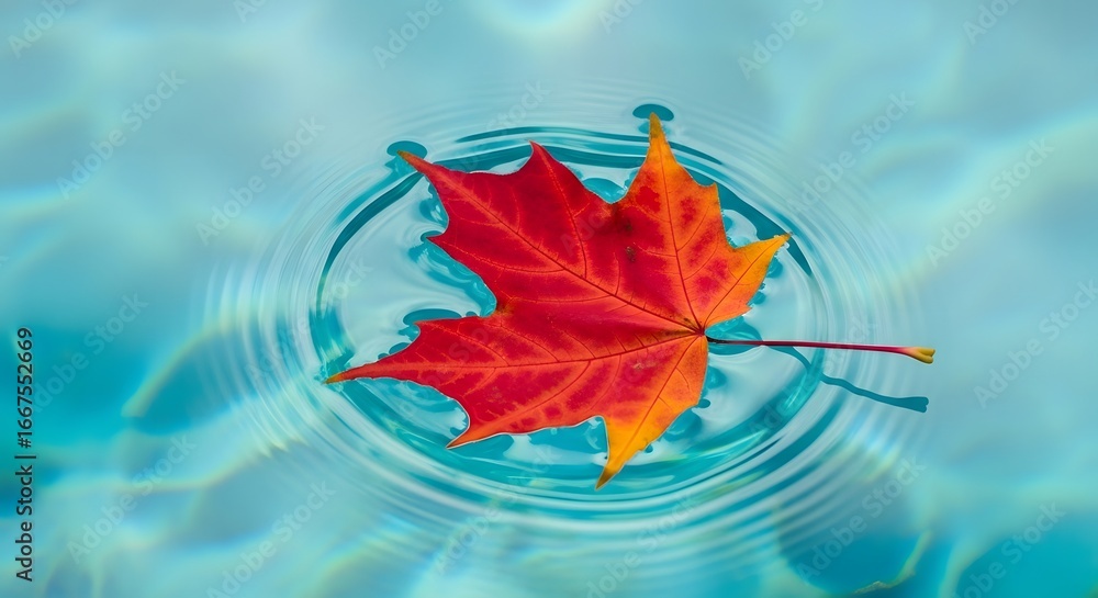 Obraz premium Stunning red maple leaf floating peacefully on turquoise water creating vibrant ripples