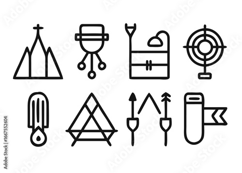 Comprehensive collection of outdoor activity symbols featuring adjustable line thickness for diverse graphic design applications and visual communication needs