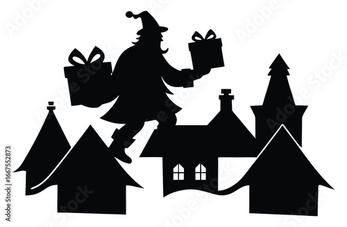 Santa Claus silhouette delivers presents over the rooftops on Christmas Eve