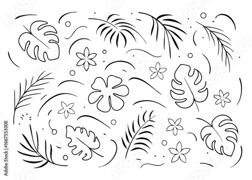 Charming hand drawn crayon brush illustration featuring lush green palm leaves with a vibrant tropical feel perfect for summer designs and beach themes