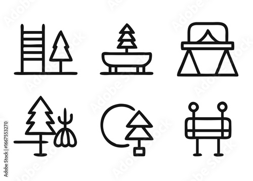 Comprehensive outdoor recreation park elements collection featuring adjustable line weight and picnic themed graphics for various design projects