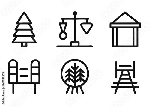 Comprehensive outdoor recreation park elements collection featuring picnic area symbols and adjustable line weight for versatile graphic design applications