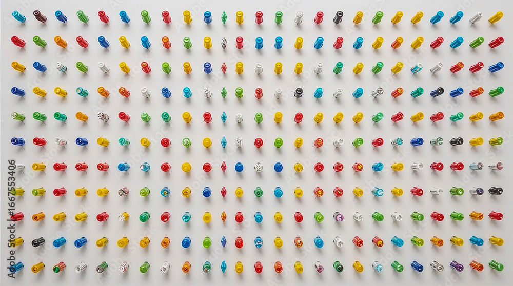 Obraz premium A vast collection of colorful pushpins neatly arranged in a grid pattern on a white background, creating a vibrant and organized visual.
