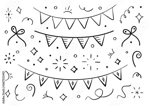 Festive hand drawn party garland set featuring bunting pennant flags in vibrant colors for celebrations and decorations