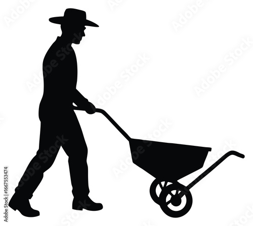Silhouette of a man in a hat pushing a wheelbarrow forward motion