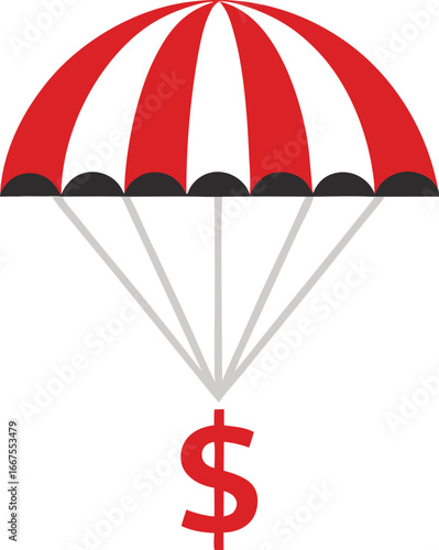 Red and white parachute delivering dollar sign